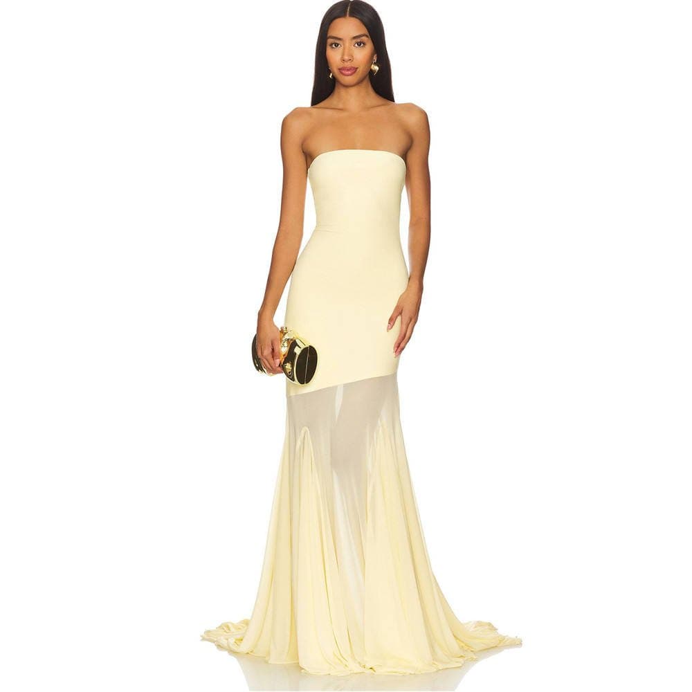 Strapless Mesh Train Maxi Dress – Asymmetric Sheer Hem Mermaid Evening Gown XS-L