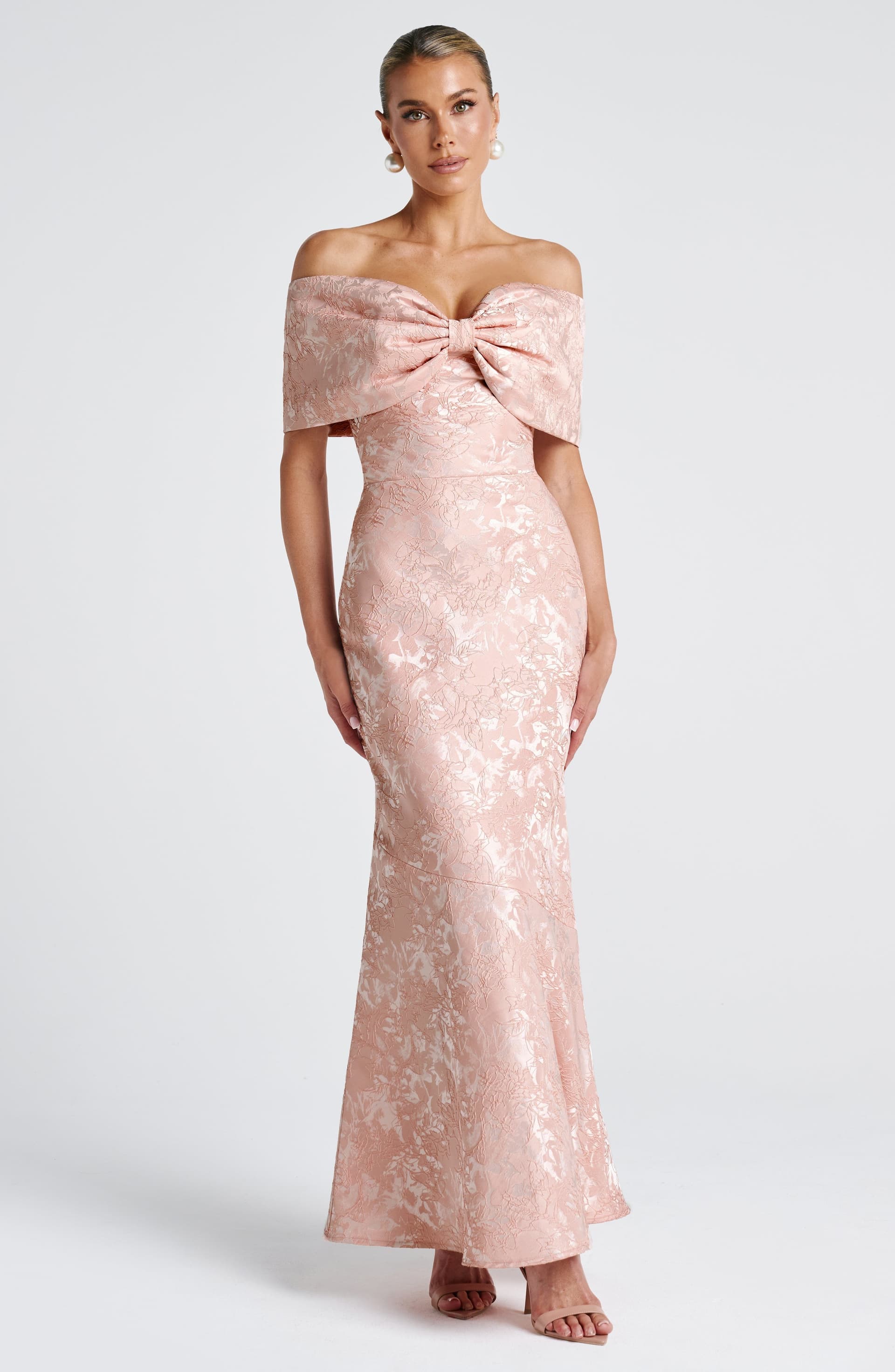 Emberly Soft Peach Maxi Dress Floral Jacquard Lace-Up Back Bardot Bow