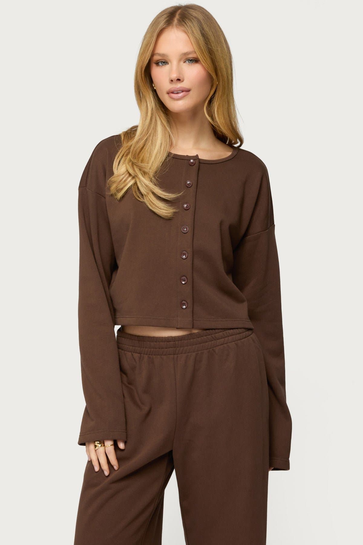 Binah Oversized French Terry Button Up Sweatshirt - Polyester Spandex