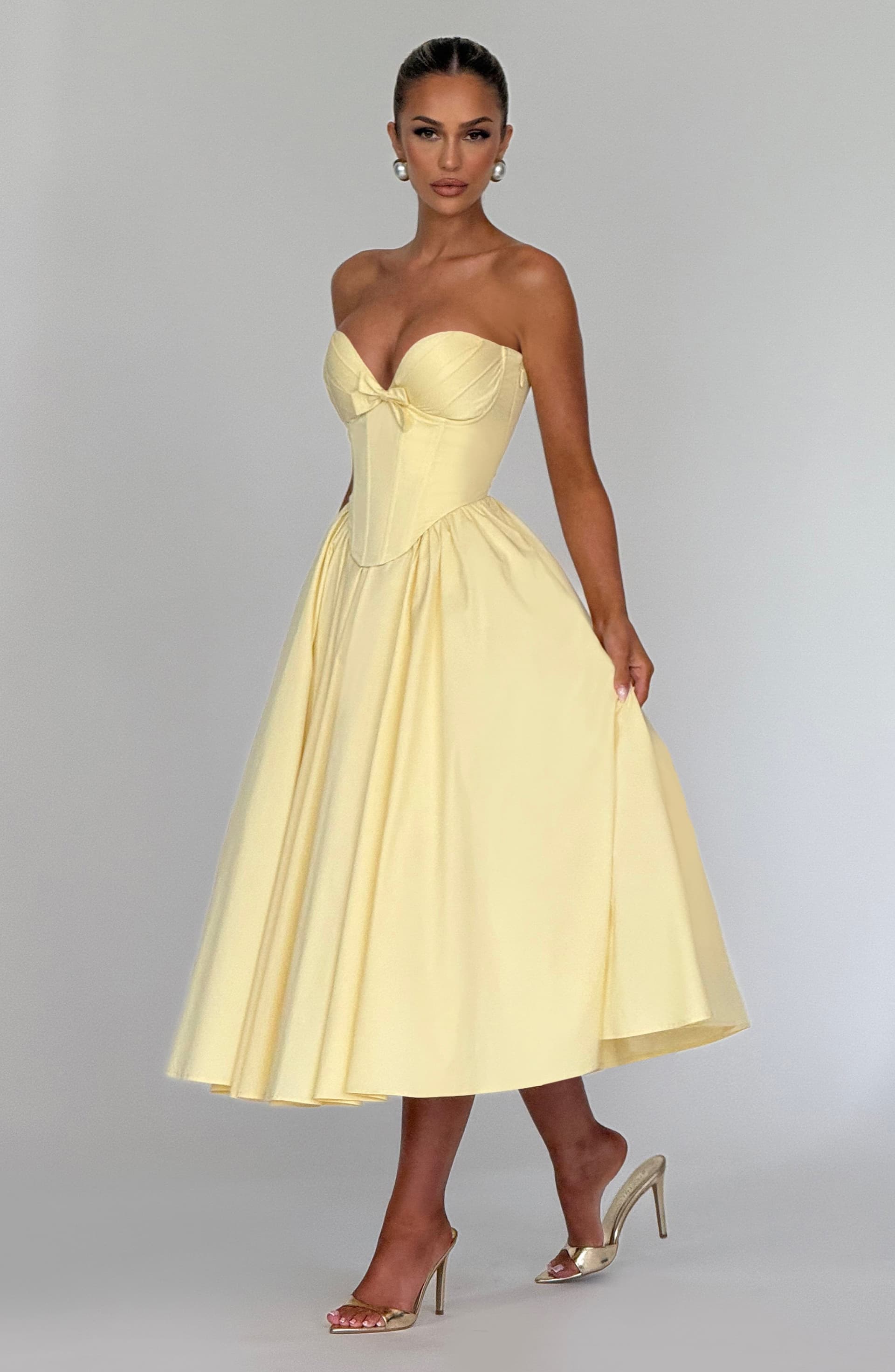 Prim Midi Dress Lemon Strapless Plunge Neckline Cotton Nylon