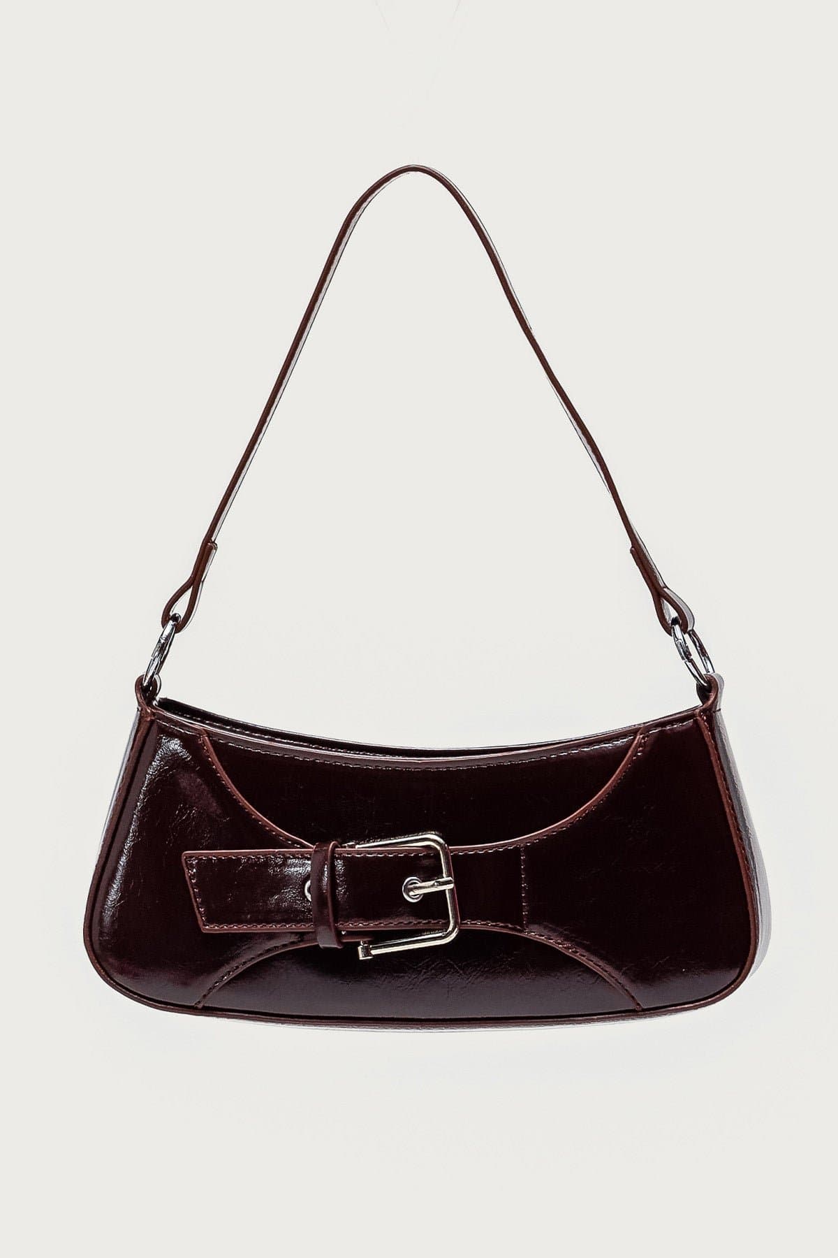 Buckle Up Faux Leather Bag - Polyurethane Rayon 10x4.3x3.3in