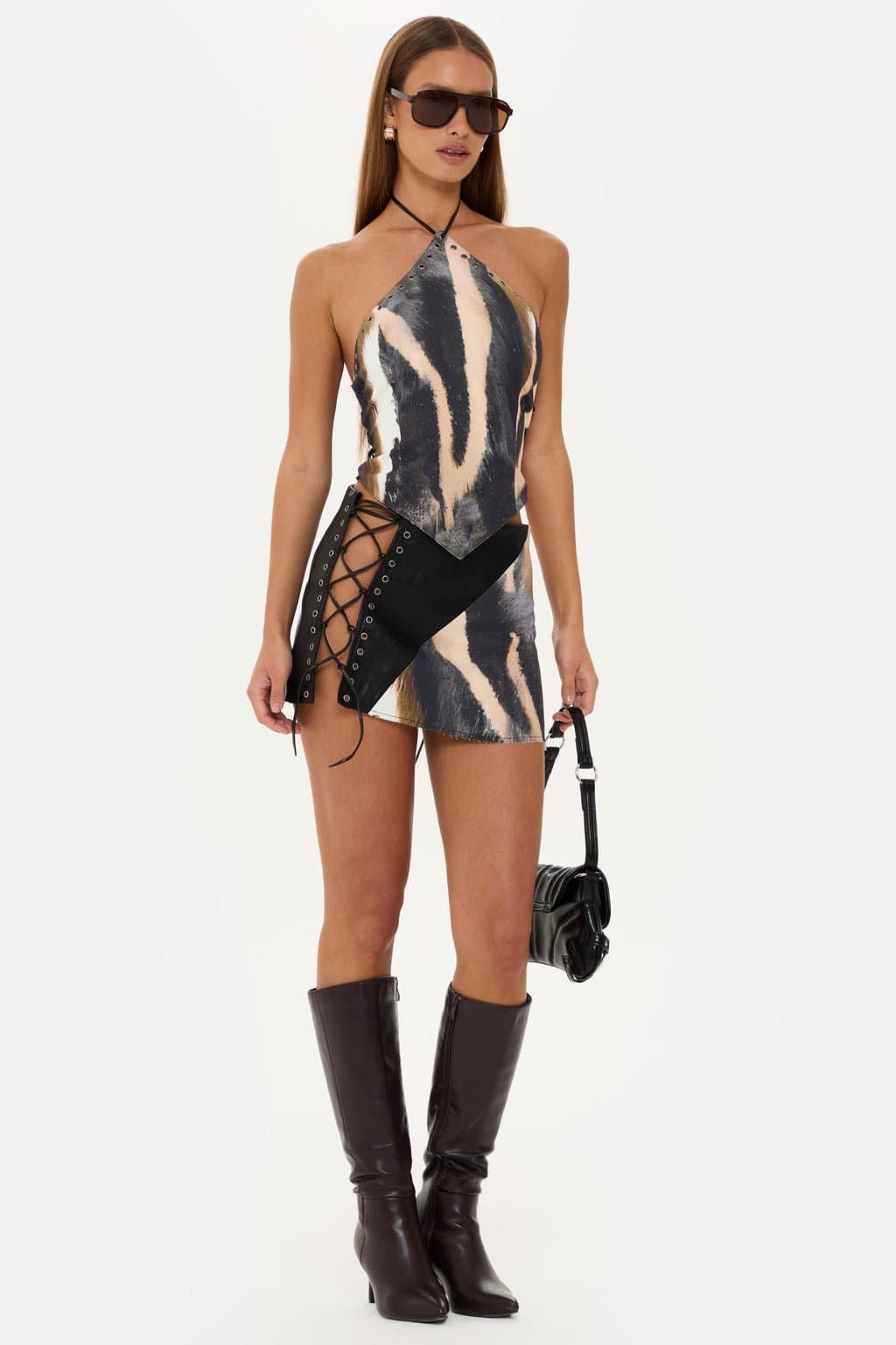 Dallas Zebra Print Co-Ord Set with Halter Neck Top and Lace-Up Skirt