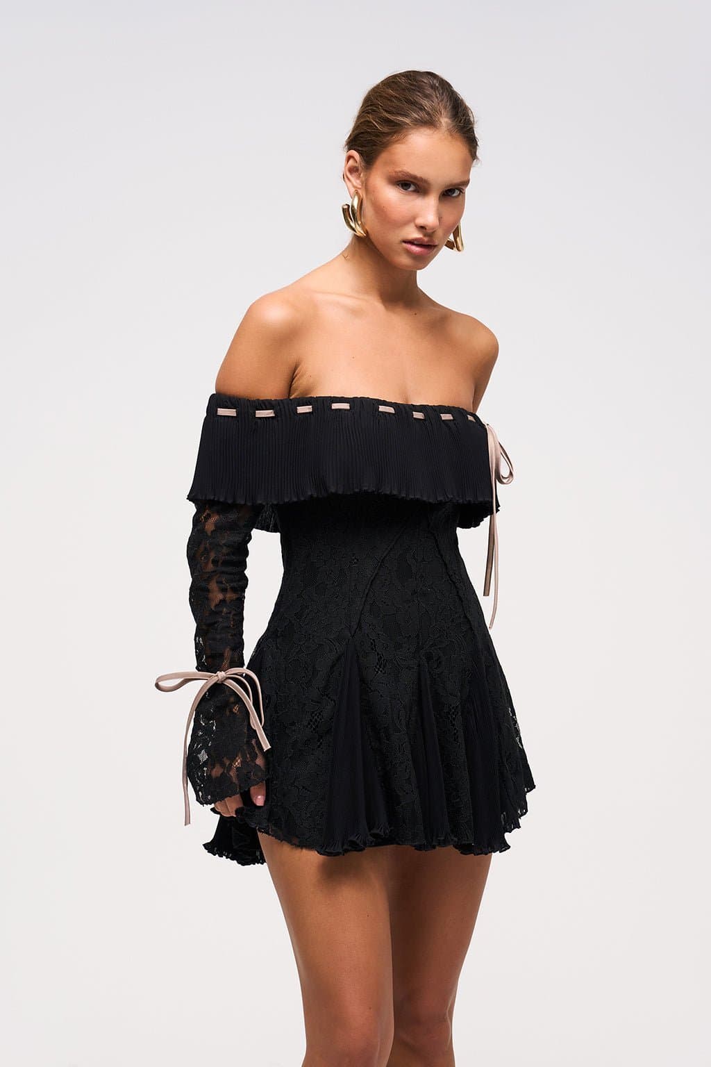 Collette Plisse Lace Mini Dress Bardot Neckline Full Lace Sleeves