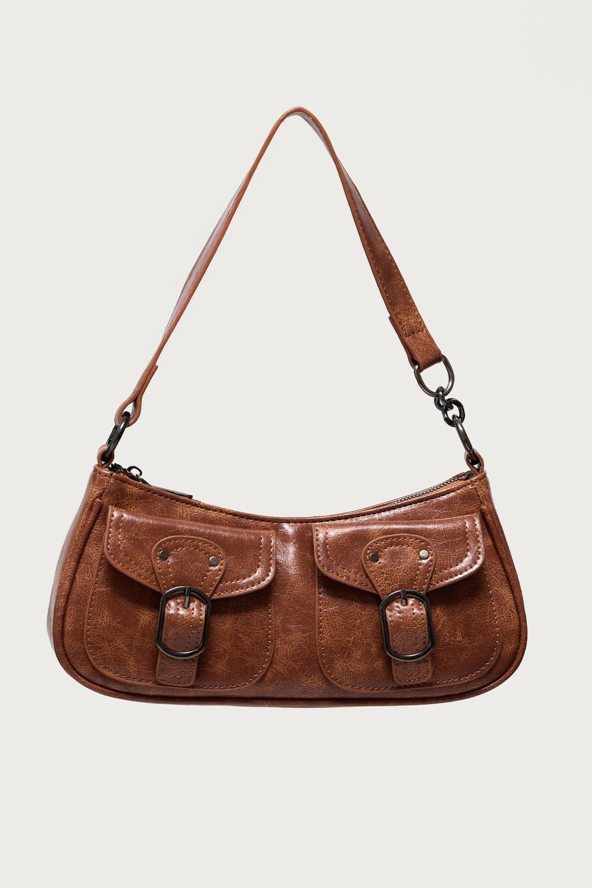 Distressed Faux Leather Buckle Bag - Polyurethane 11" Width Handbag