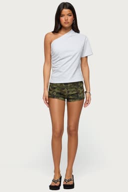 Camo Craze Stretch Micro Shorts - Cotton Spandex Low Rise Camo Pattern 2 Inch Inseam