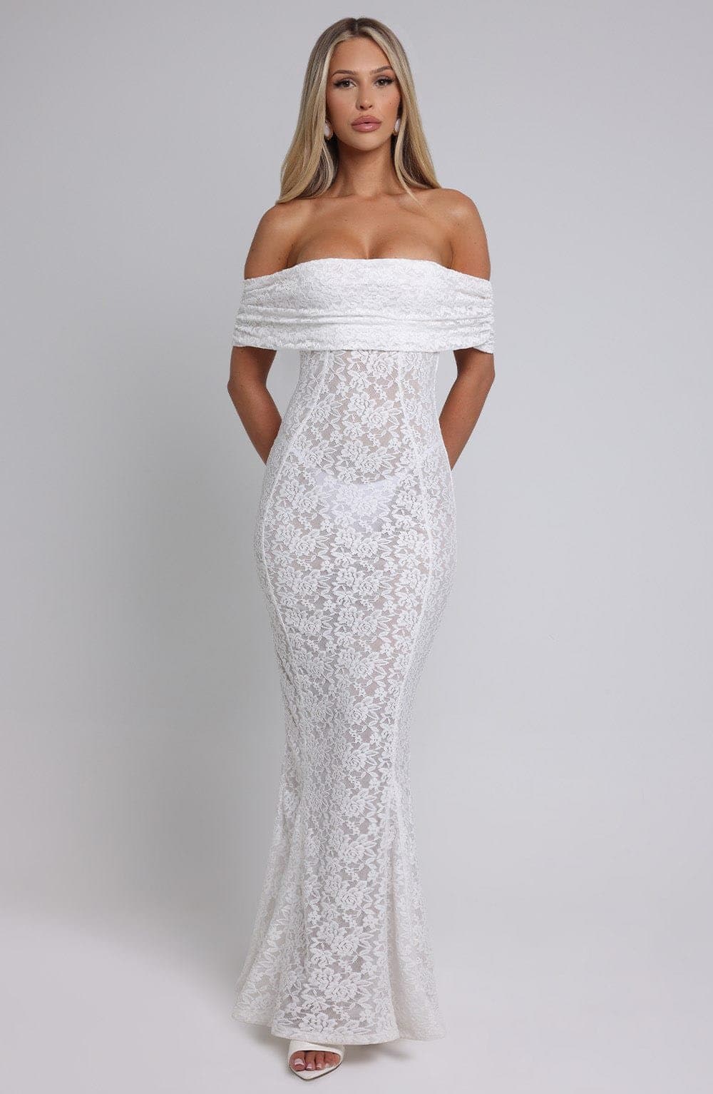 Stephanie Maxi Dress in Ivory - Stretch Floral Lace, Off Shoulder Bardot Neckline