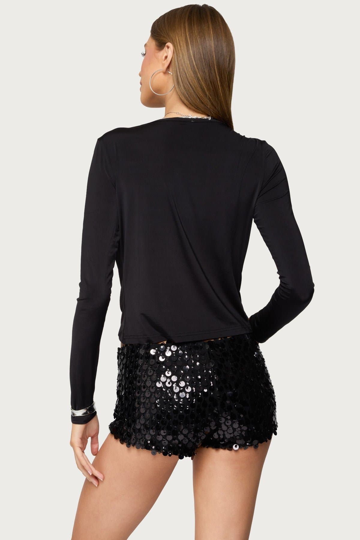 Draped V-Neck Long Sleeve Top in Polyester Spandex