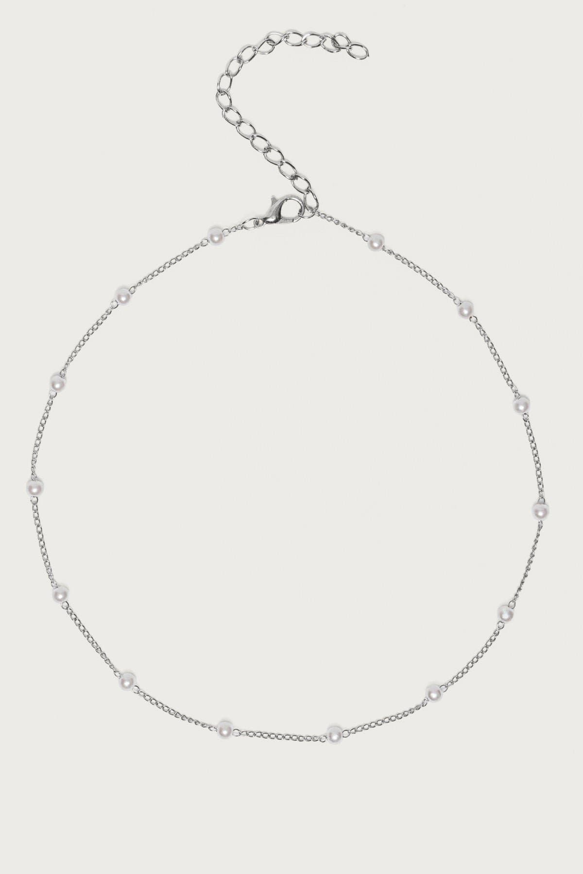 Spaced Out Pearly Necklace with Silver Tone Metal 14.2 Inch Length