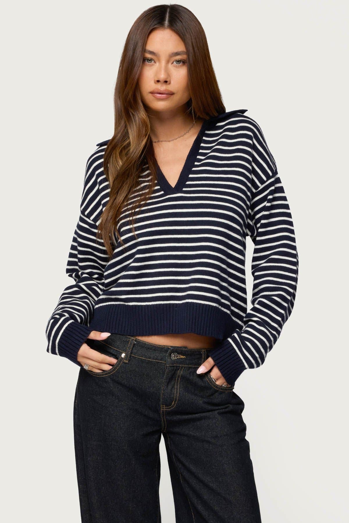 Copenhagen Oversized Striped Sweater V-Neck Collared Knit Acrylic