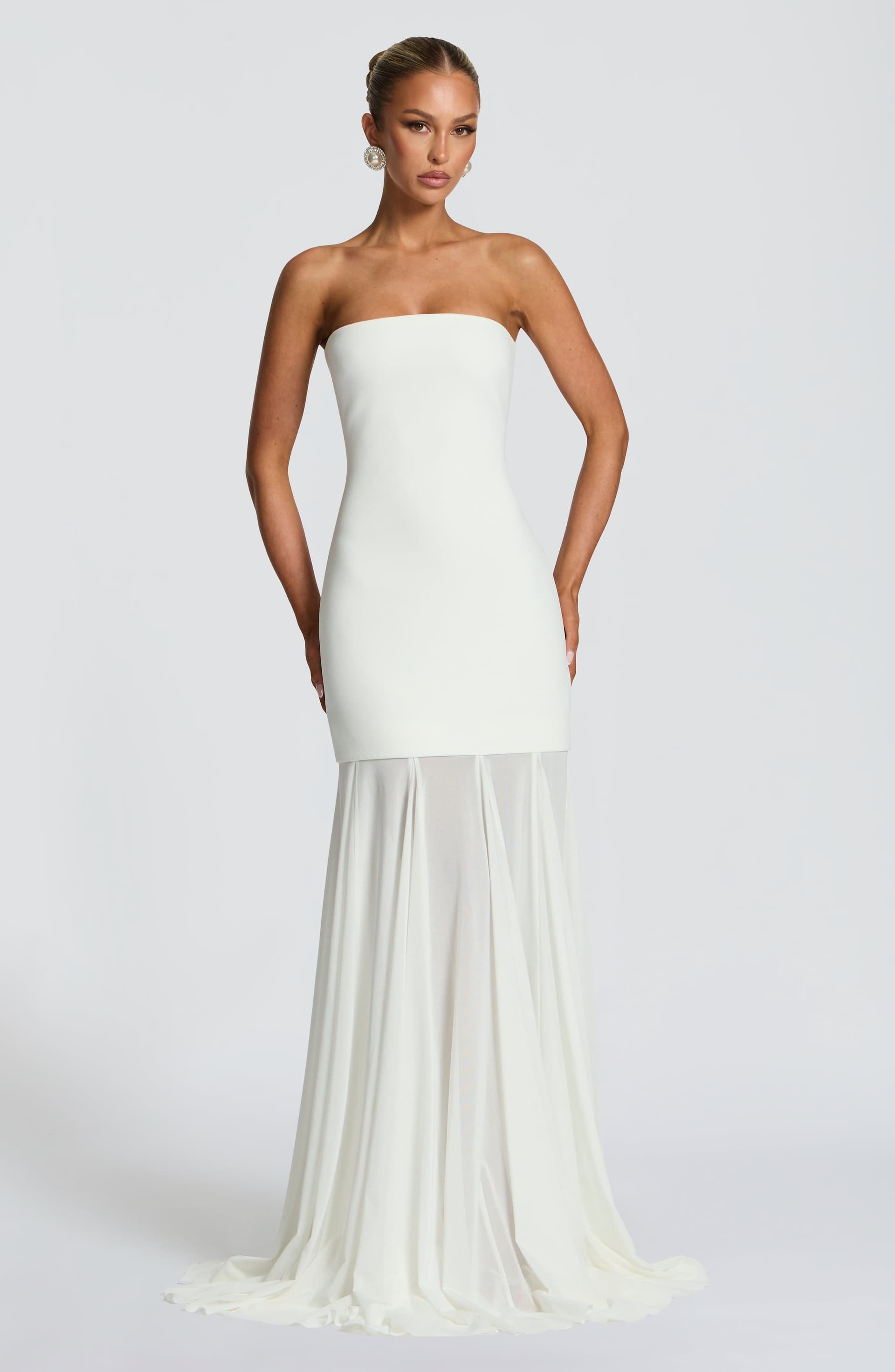 Merritt Strapless Ivory Stretch Crepe Maxi Gown with Mesh Skirt