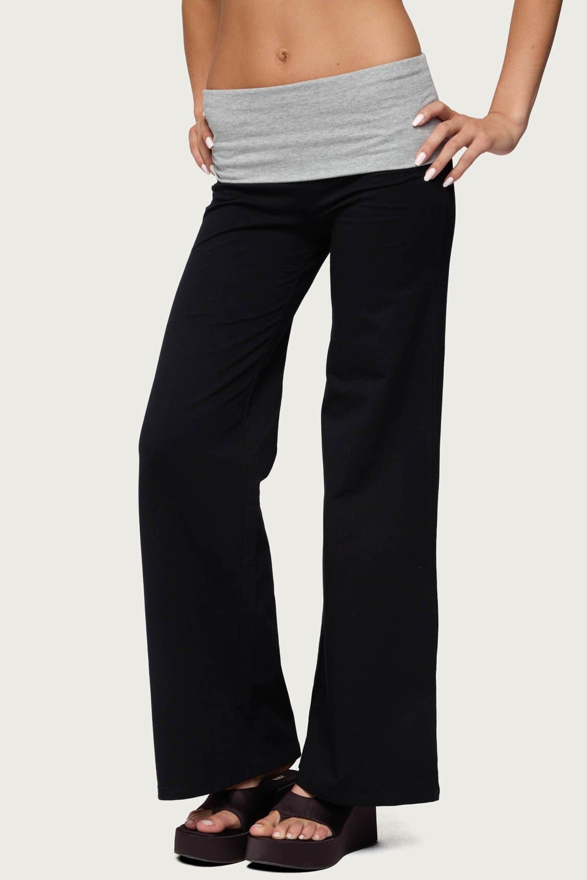Wide Leg Contrast Foldover Waistband Pants - Cotton Spandex
