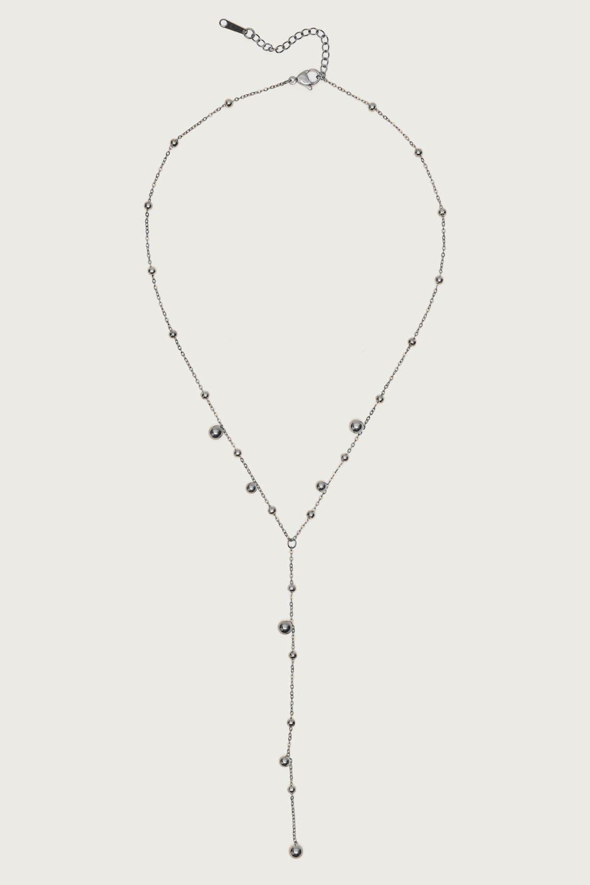 Cascading Bead Necklace - Silver Tone Metal Chain with Bead Detailing, 15.3 Inch Length
