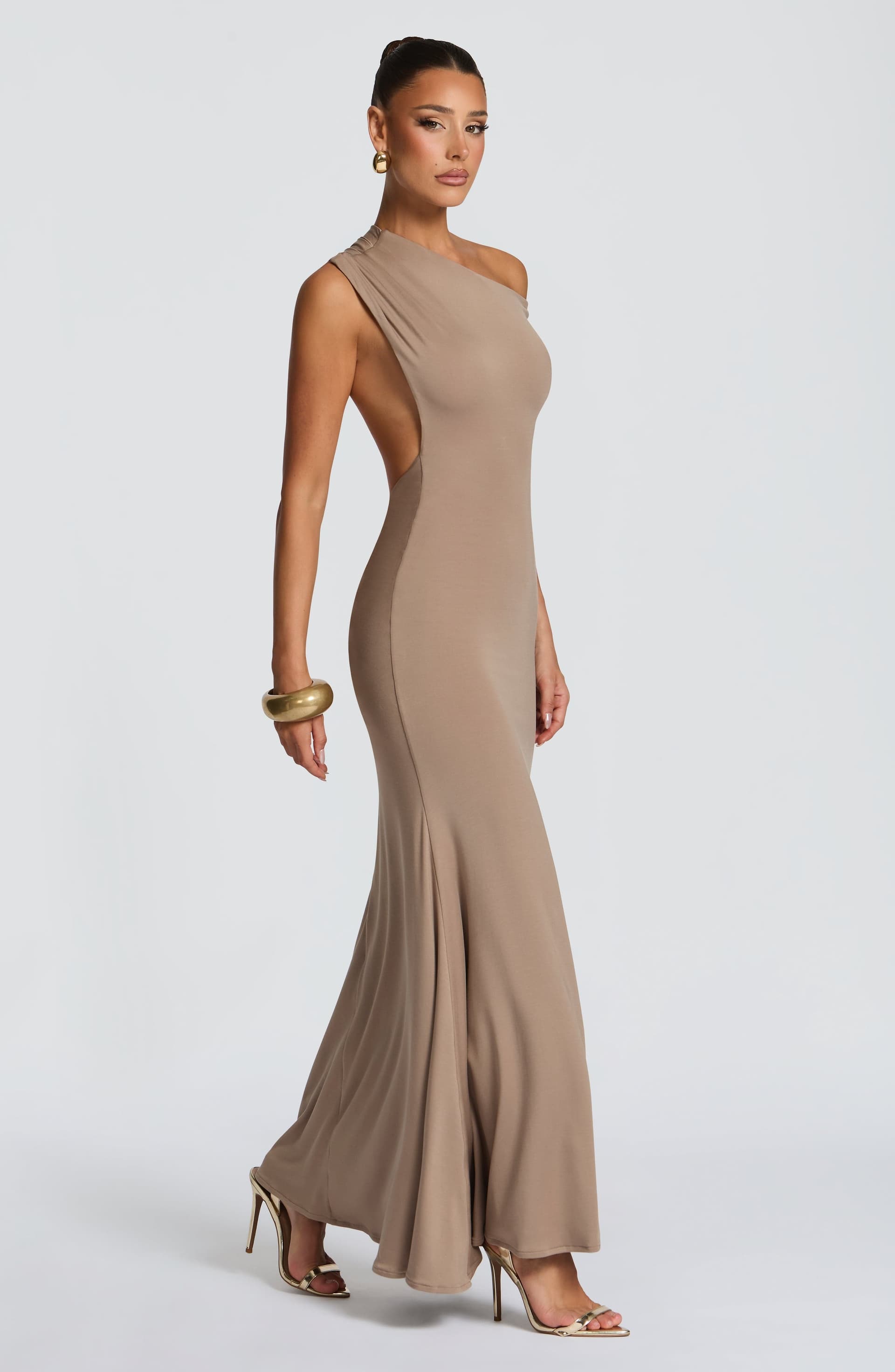 Fiora Maxi Dress in Stone - Stretch Modal Jersey Asymmetric Neckline Open Back