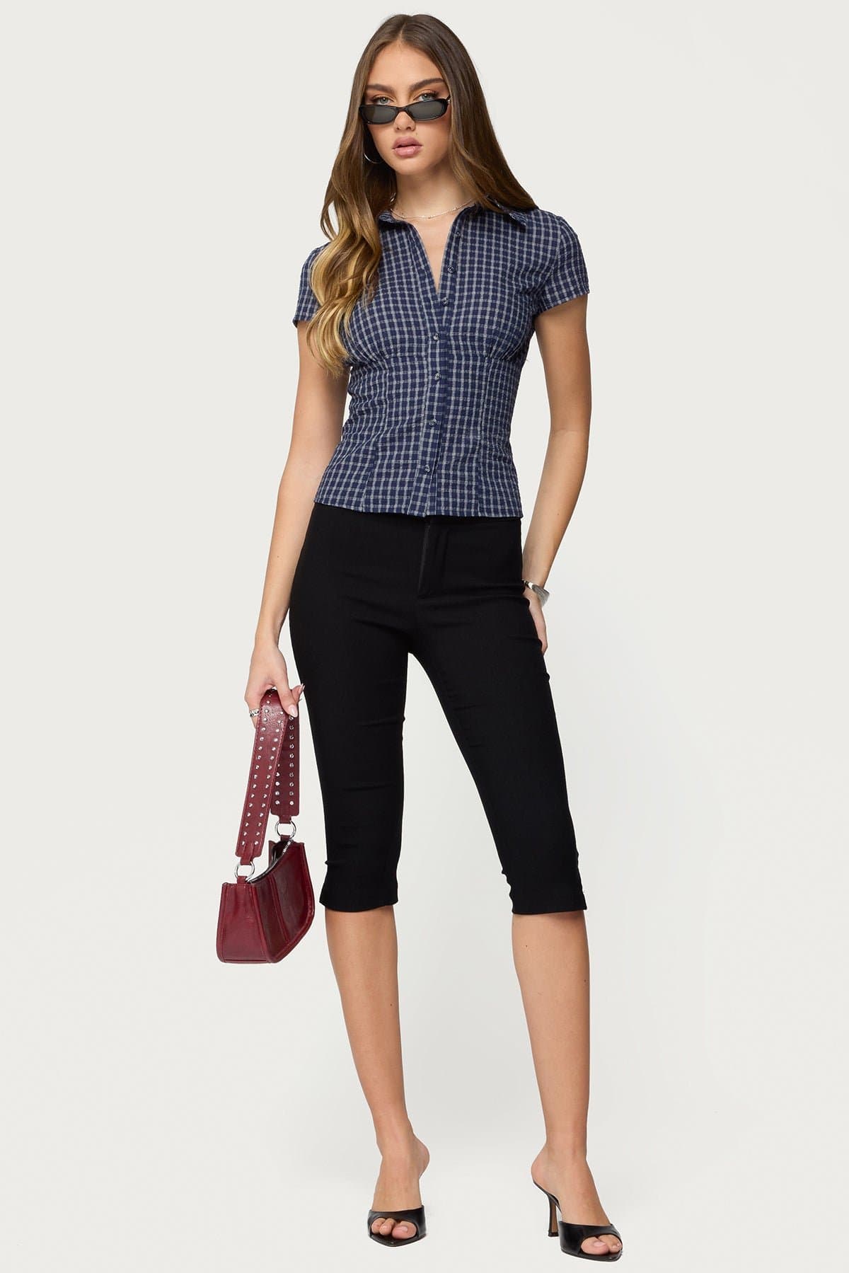 Oriya Gingham Tailored Button Up Shirt - Cotton Polyester Textured Fabric