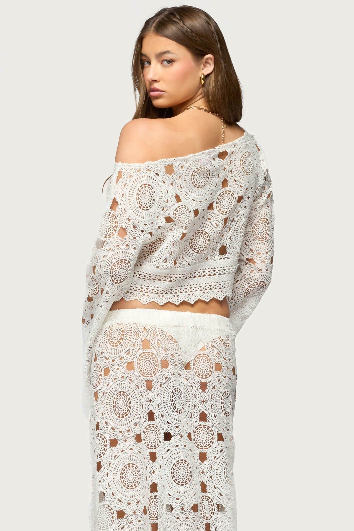 Milana Sheer Lace Off Shoulder Long Sleeve Top with Scalloped Hem