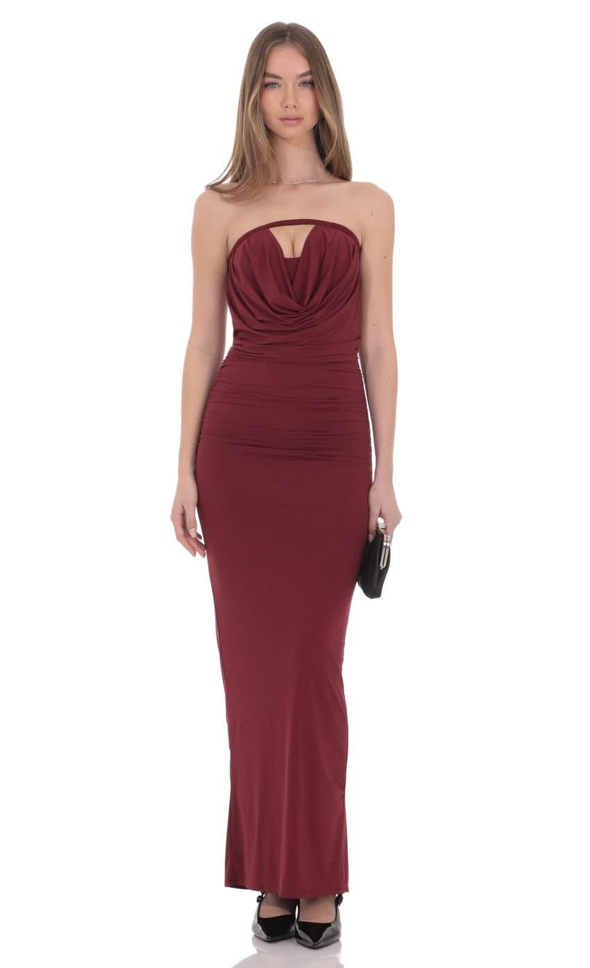 Draped Cutout Maxi Dress in Burgundy