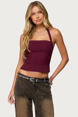 Dara Halter Top with Tie Closure, Underbust Stitching, Side Slit - Cotton Polyester Spandex