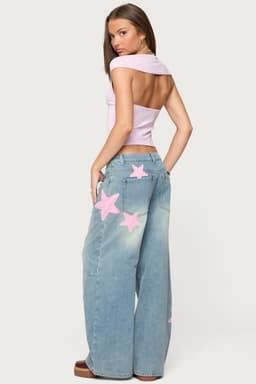 Trish Stars Low Rise Baggy Jeans with Embroidered Satin Star Patches Rigid Denim