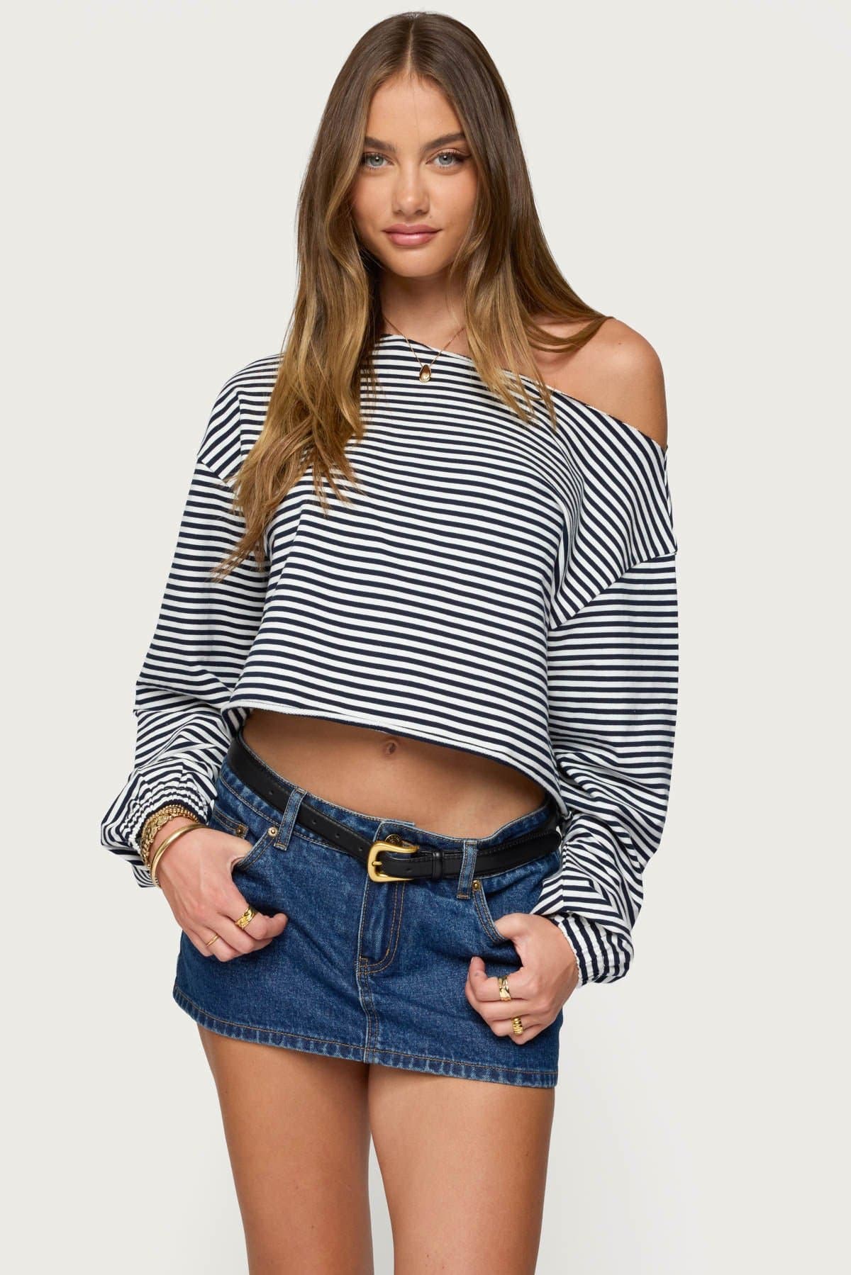 Aveline Off Shoulder Light Sweatshirt with Striped Pattern, Rolled Edges, Cotton Polyester Spandex