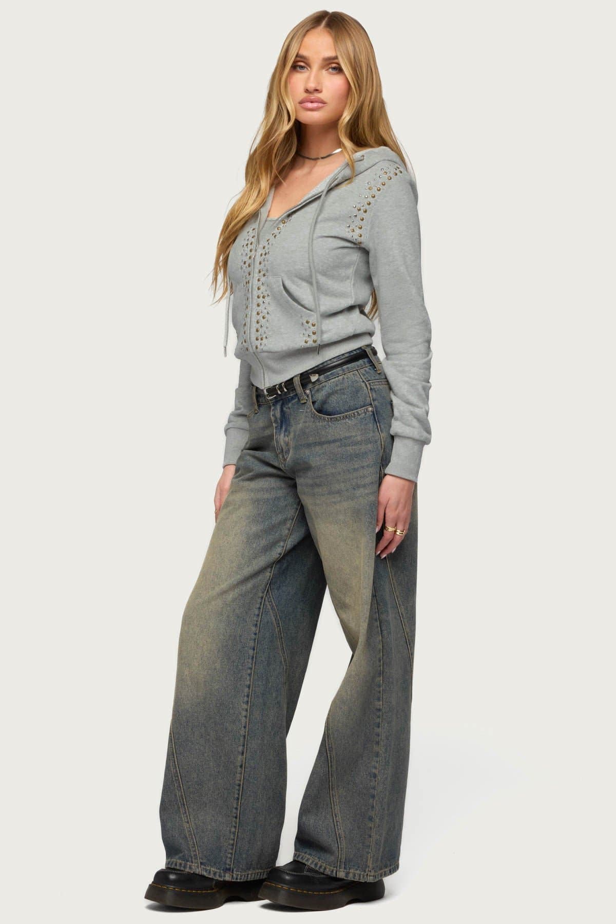 Patricia Studded Zip-Up Hoodie - Polyester Cotton Blend, Front Zip Closure