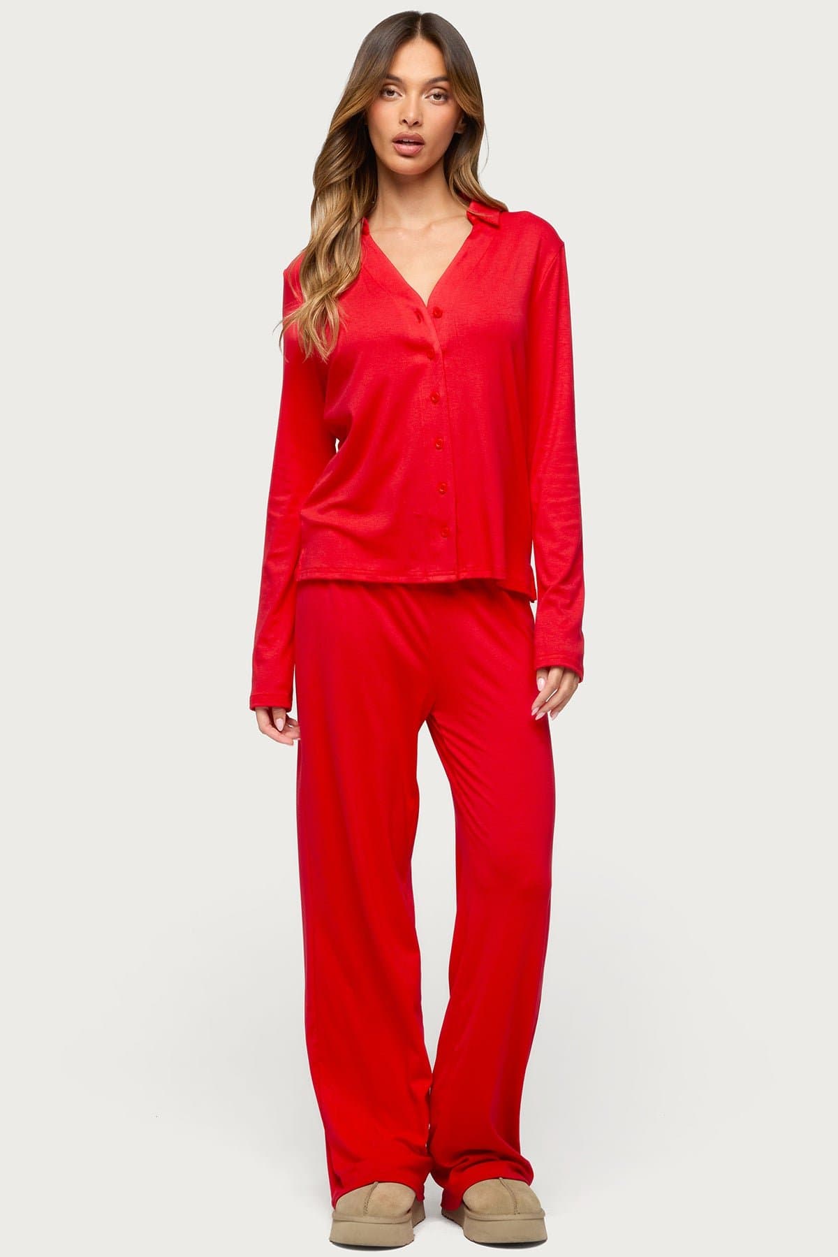 Justina Button Up Long Sleeve Sleepwear Top - V-Neck Collared Cotton Polyester Spandex