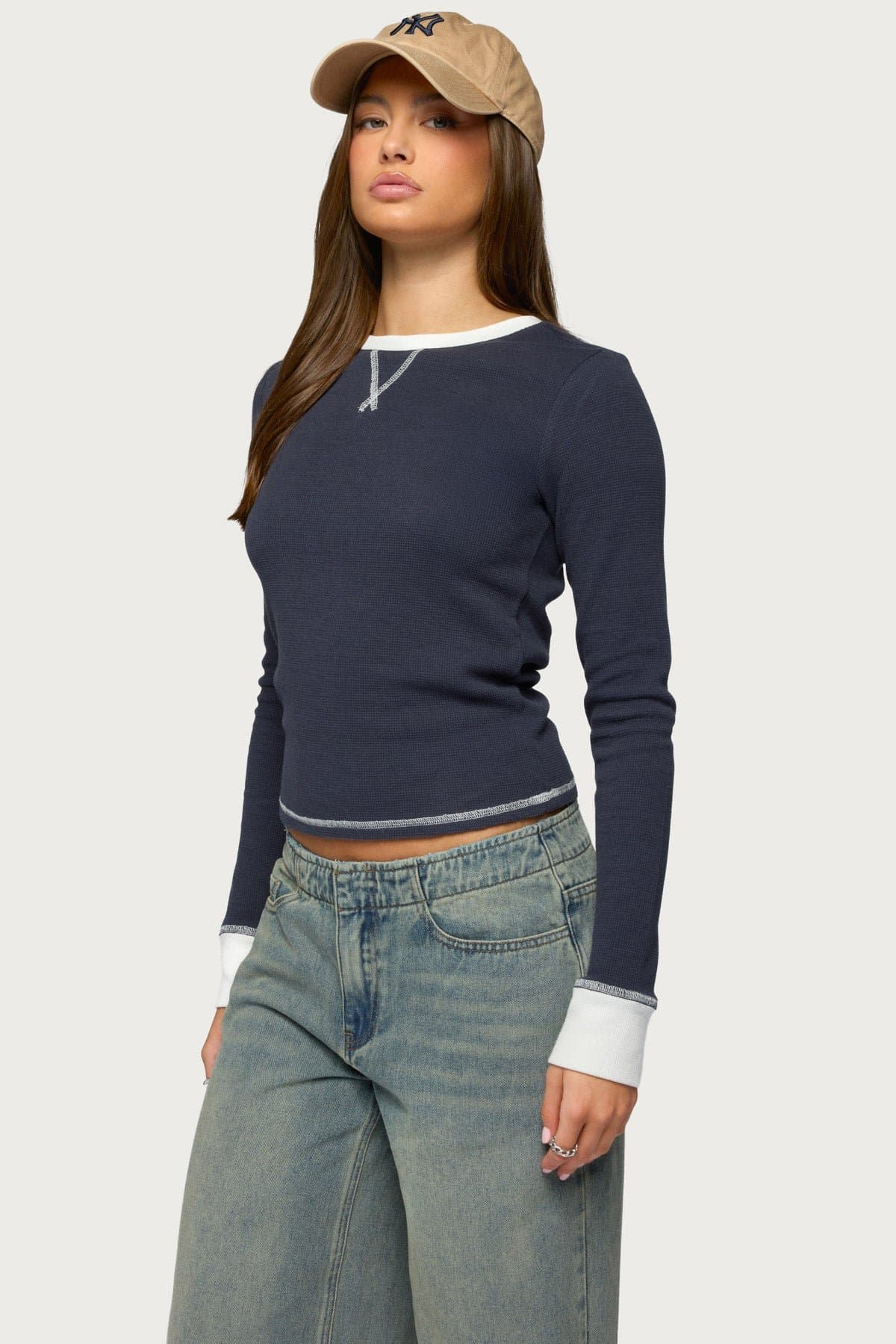 Rora Contrast Long Sleeve Waffle Top - Cotton Polyester Spandex Blend