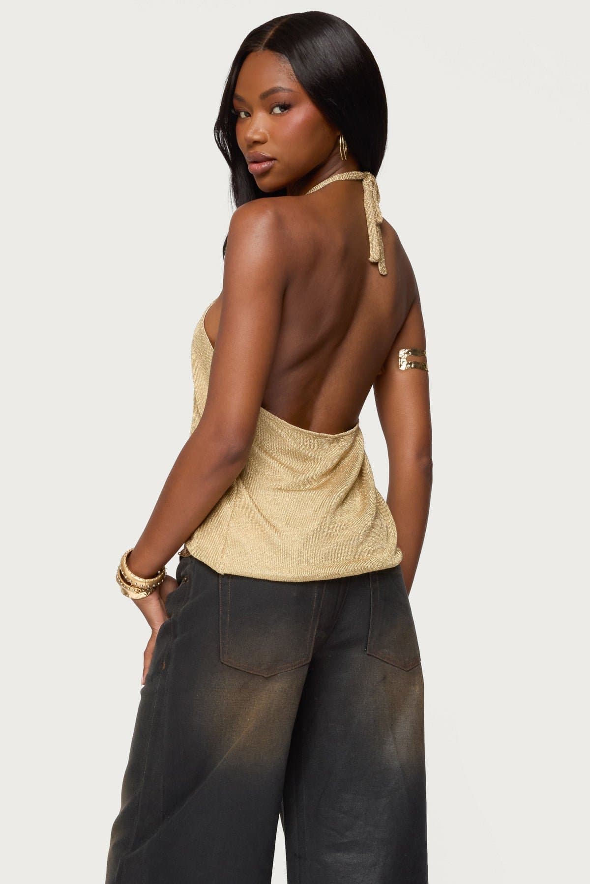 Stasia Sparkly Knit Split Front Halter Top - Rayon Metallic Fibers