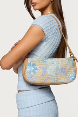 Sequin & Embroidered Straw Bag - Faux Leather Trim, 10.8" Width Artificial Straw Polyester Polyurethane