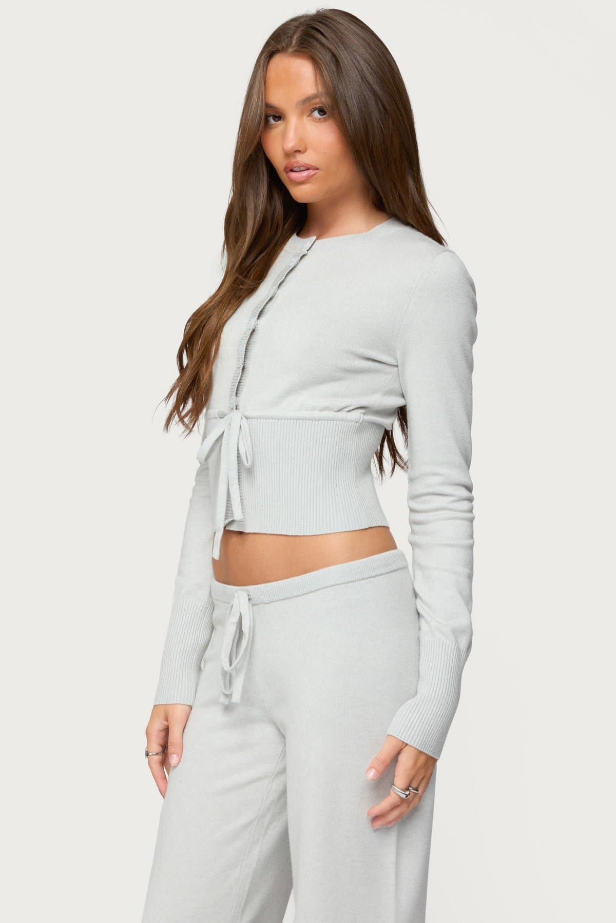 Embryn Button Up Knit Cardigan - Polyester Rayon Nylon Ribbed Tie Detail