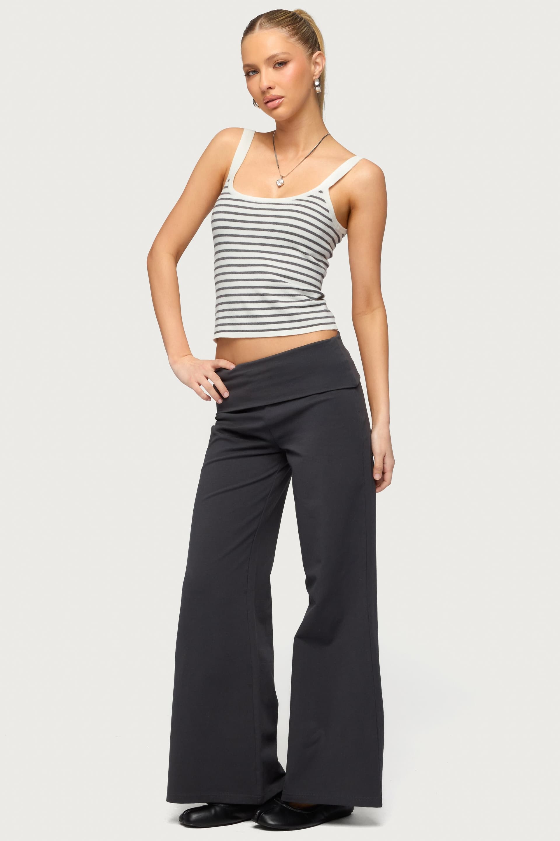 Petite Wide Leg Fold Over Pants 100% Cotton