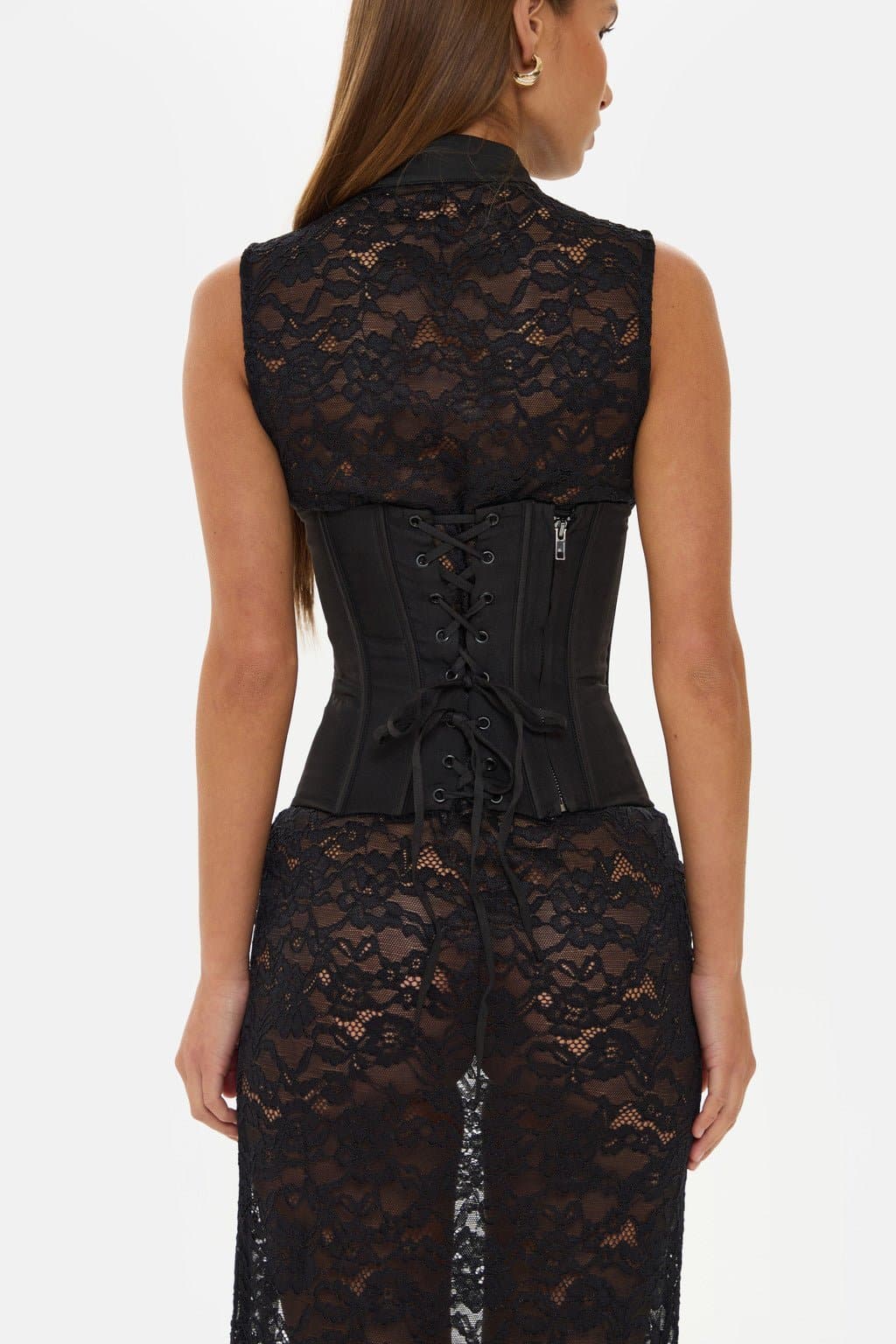 Sedona Sleeveless Lace Maxi Dress High Neck Keyhole Corset Boning High Split