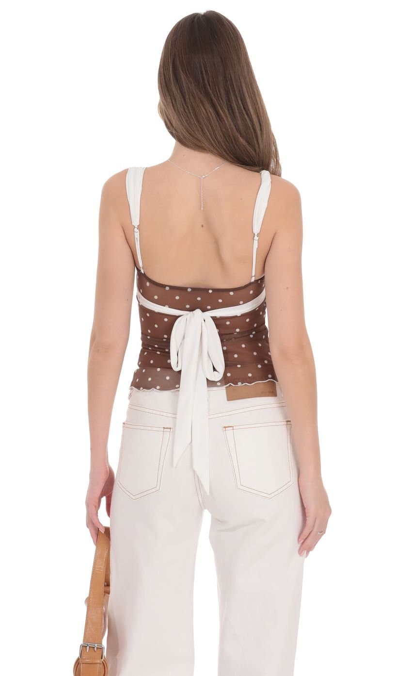 Two-Toned Mesh Polka Dot Top in Brown and White