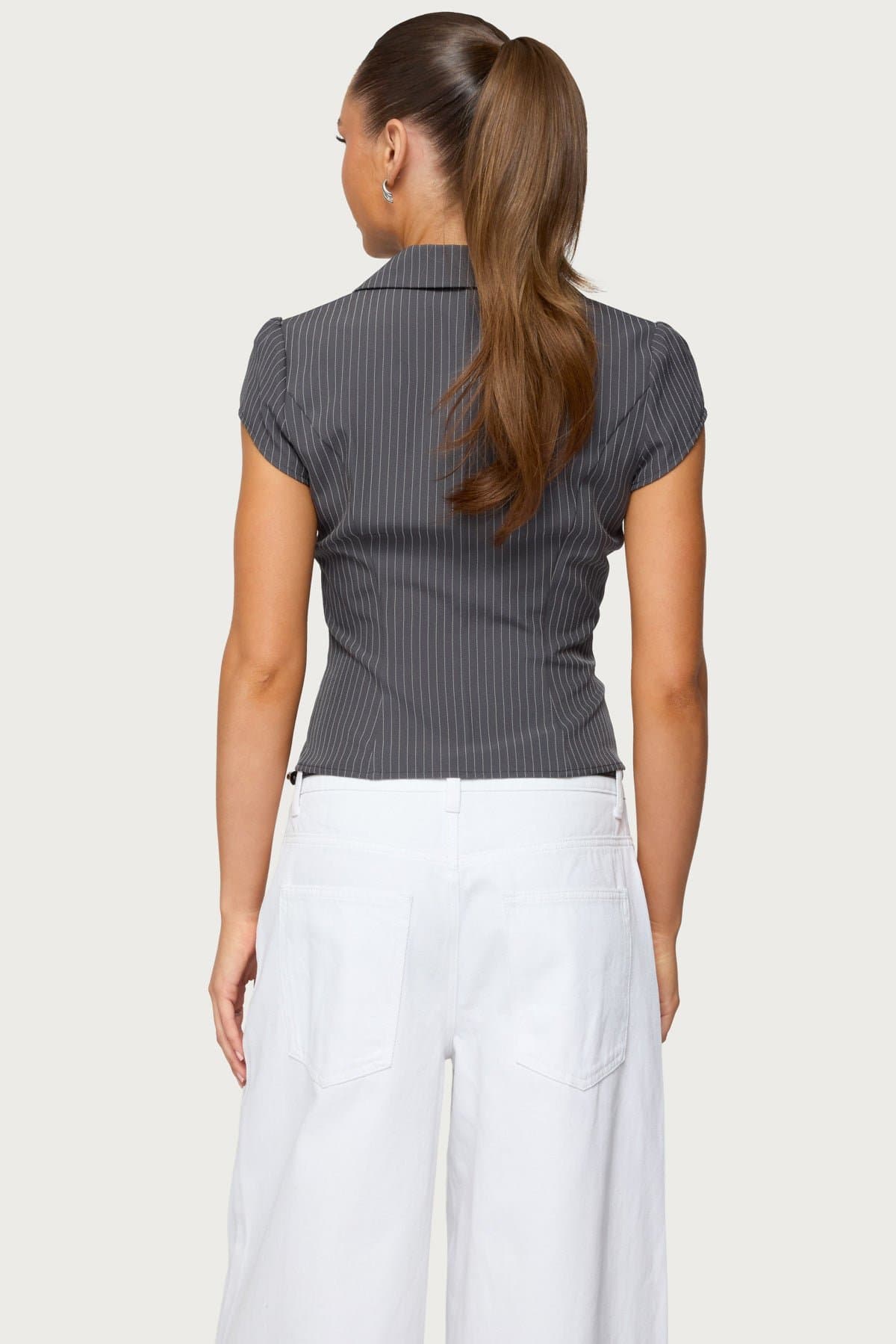 Juney Pinstripe Tailored Button Up Shirt - Cotton Polyester Spandex, Classic Collar, Underbust Ruching