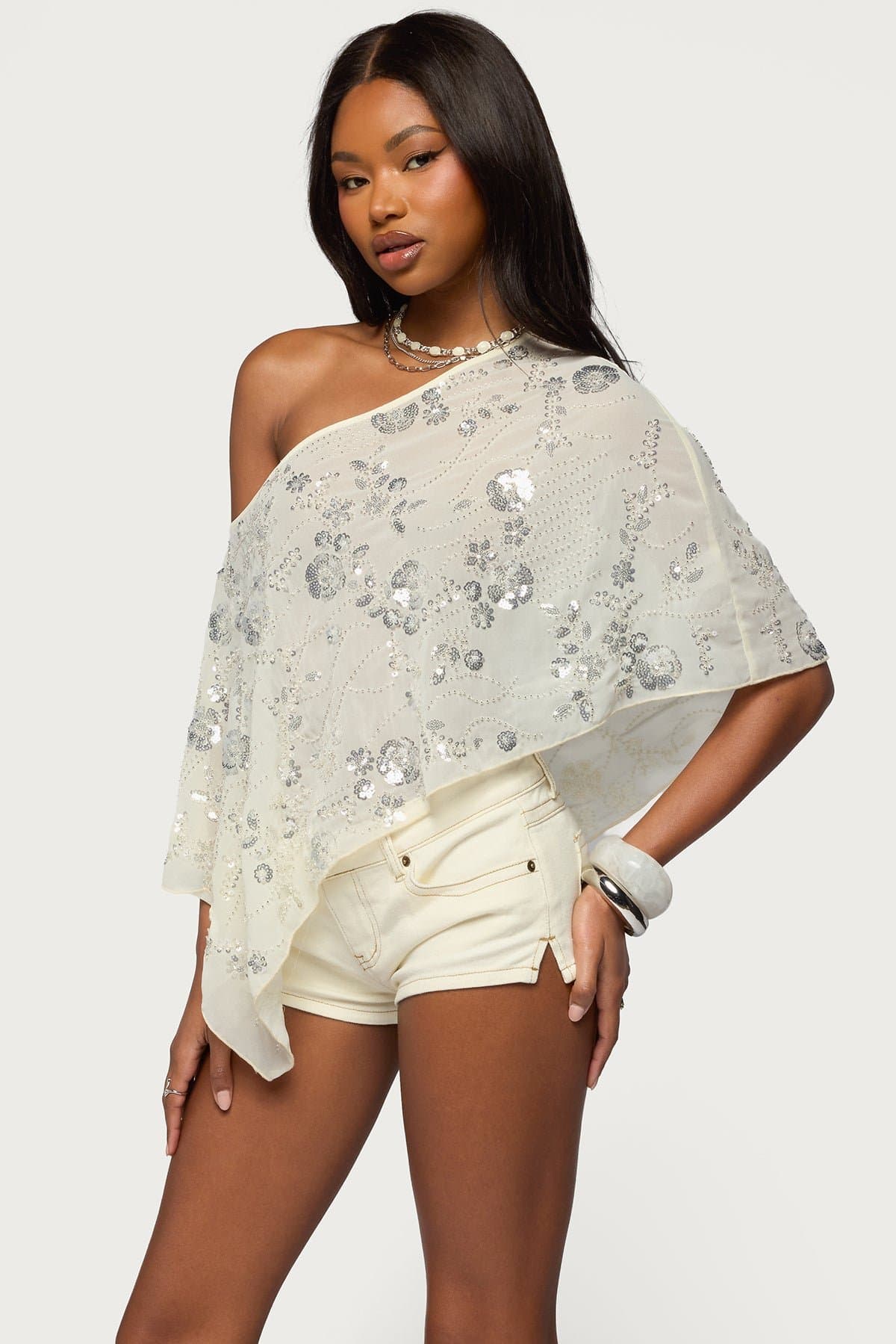 Triana Bead & Sequin Chiffon Poncho - Off Shoulder Asymmetric Hem Sheer Polyester