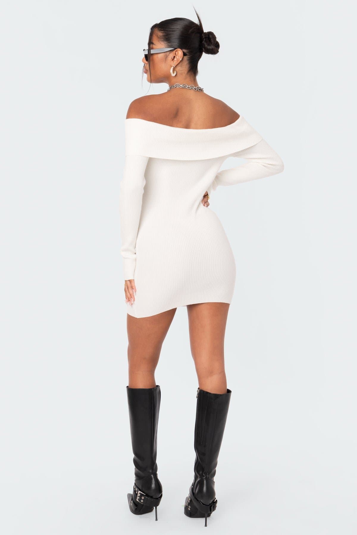 Emma Foldover Knitted Mini Dress - Off Shoulder Long Sleeve Polyester Rayon