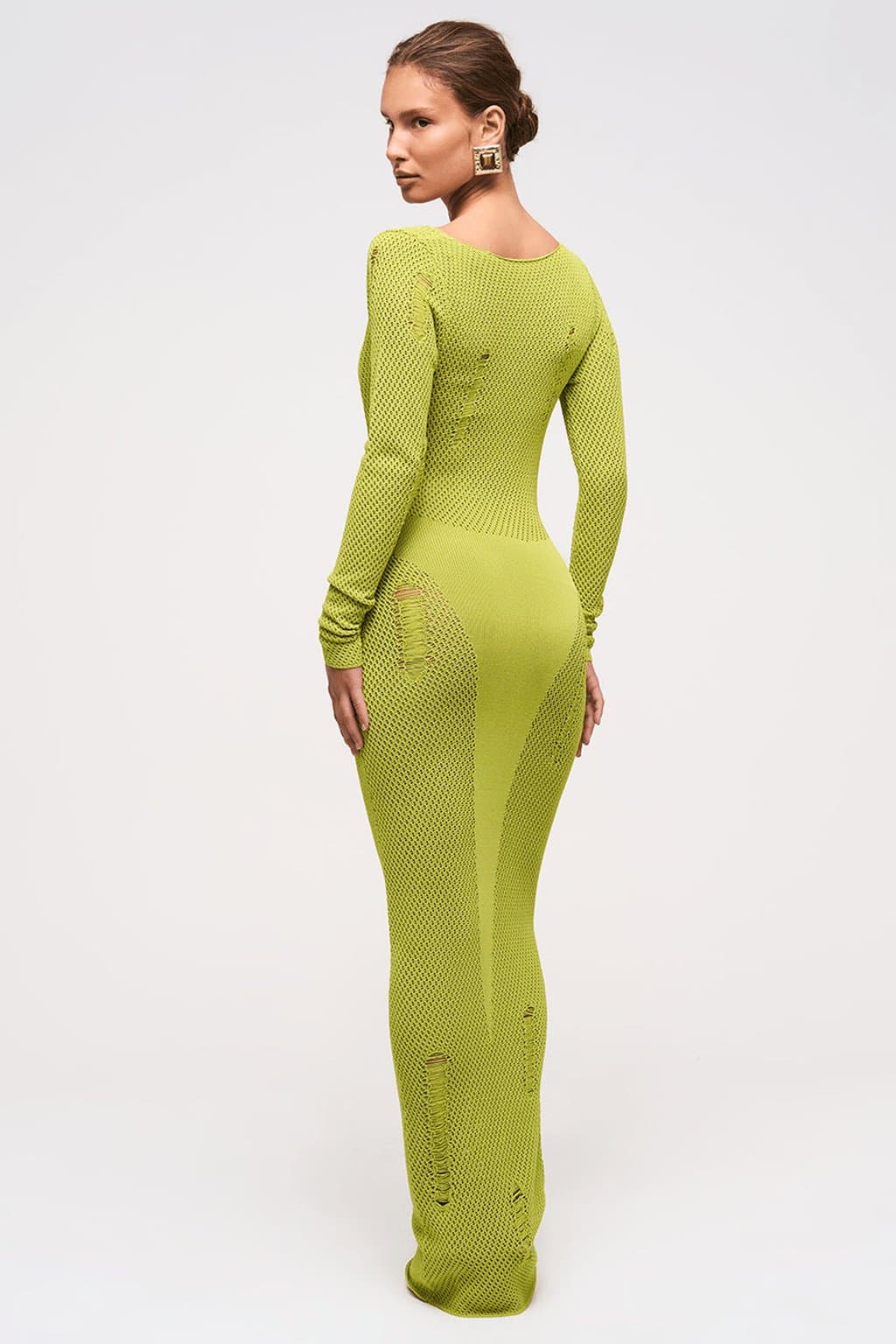 Fig Leaf Scooped Neckline Knit Maxi Dress - Crochet Panel Bodycon Fit Full Sleeve