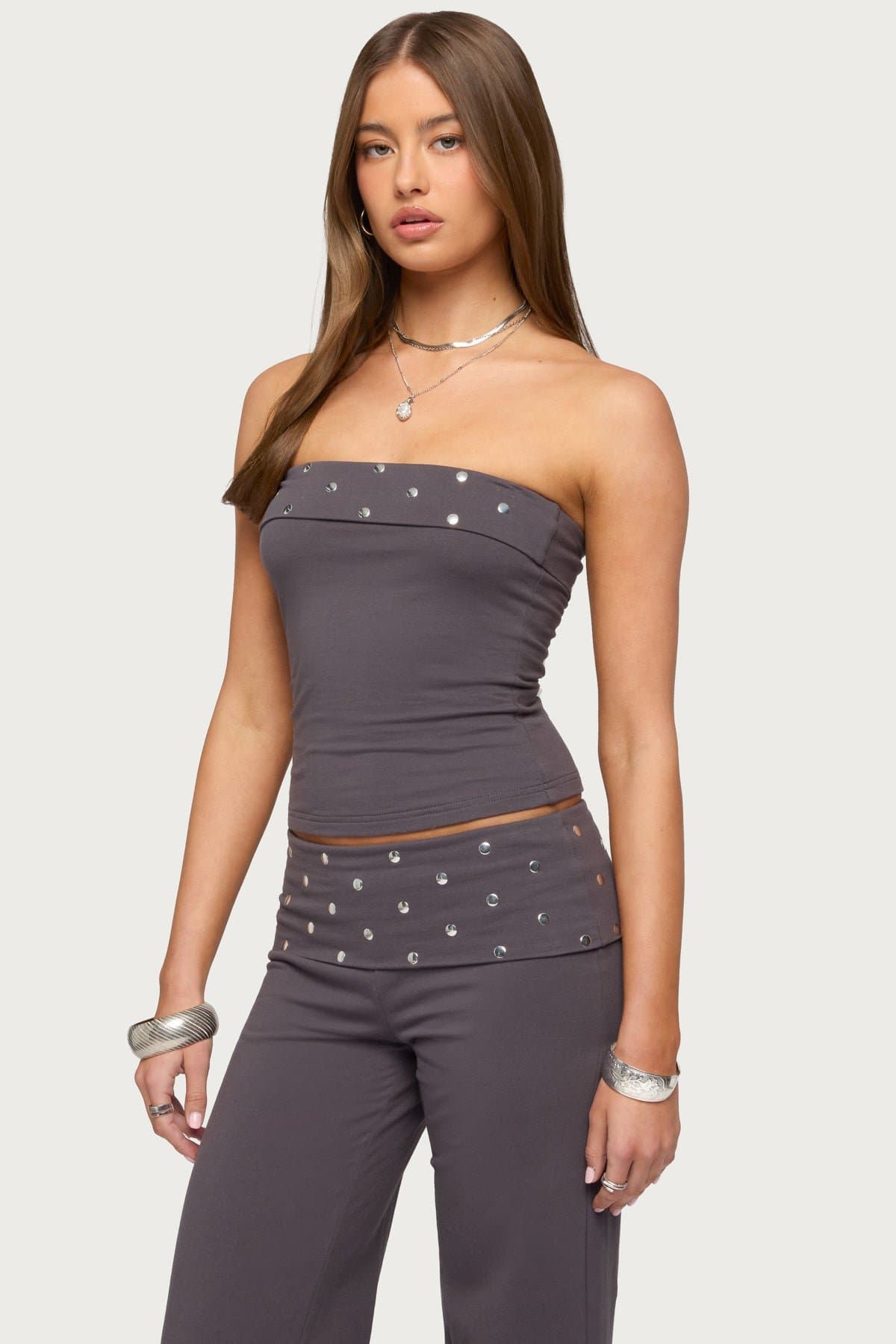 Breanna Studded Foldover Tube Top - Cotton Polyester Spandex