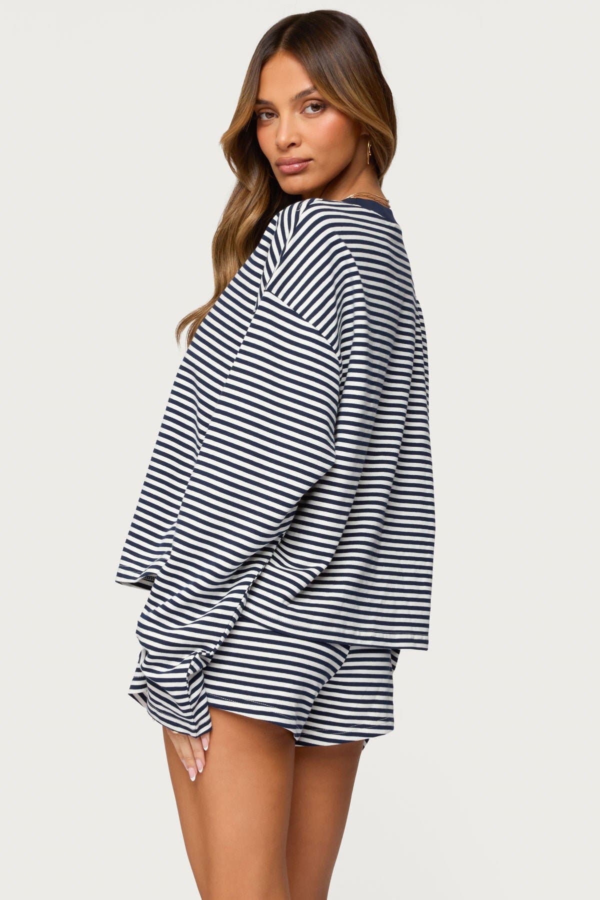 Jainee Striped Long Sleeve Oversized T-Shirt - Cotton Spandex Loungewear