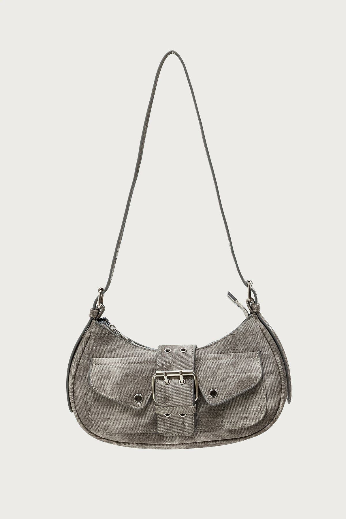 Washed Faux Leather Buckle Bag - Polyurethane 11"W x 5.9"H x 4.9"D