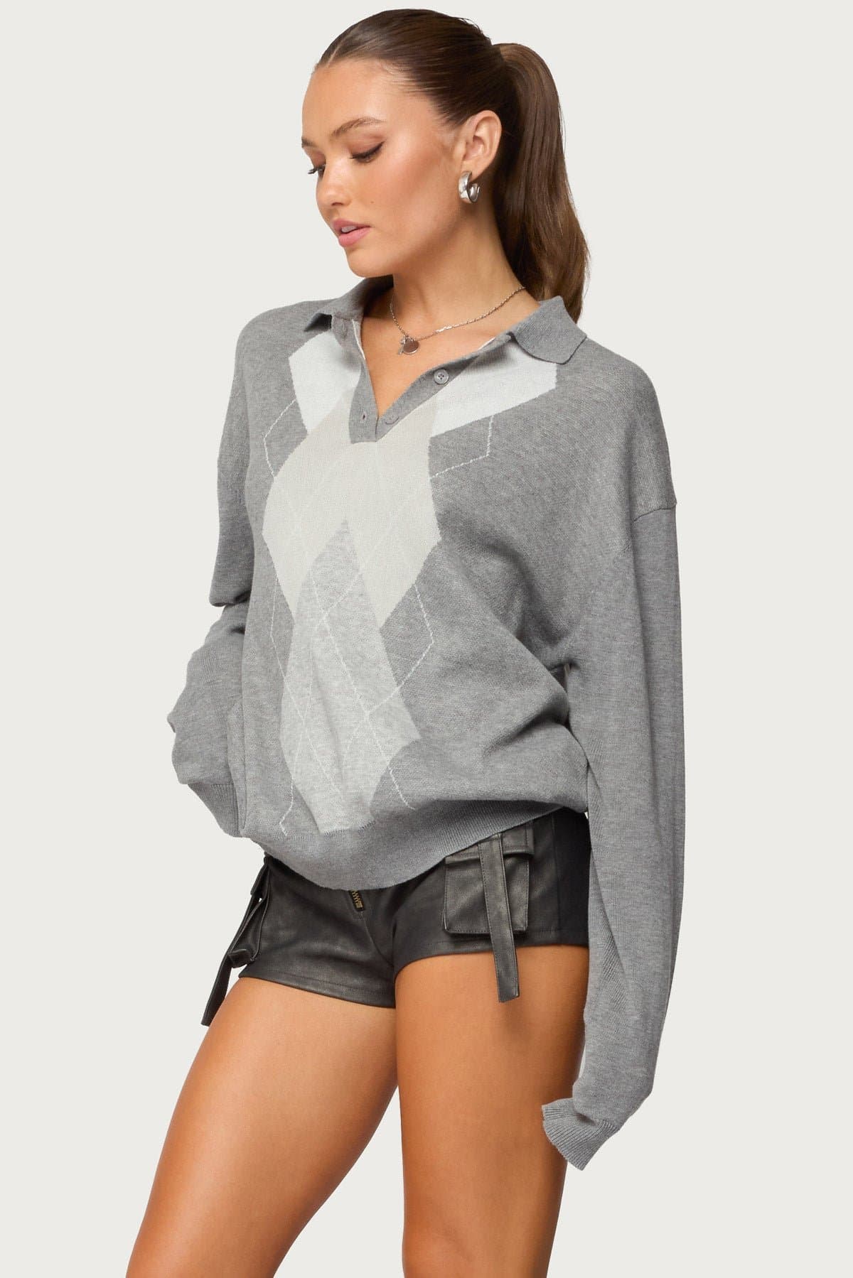 Kati Argyle Oversized Polo Sweater - 100% Cotton Knit Rugby Shirt