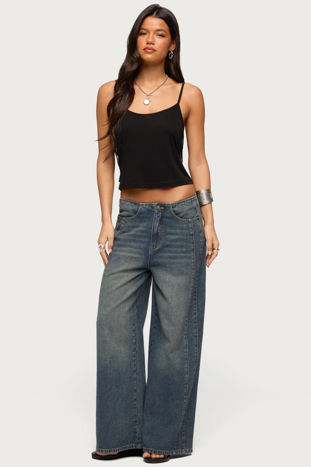 Elia No Waistband Low Rise Baggy Jeans - Rigid Denim Cotton Polyester Rayon