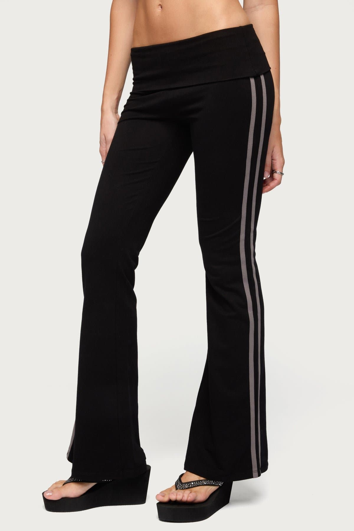 Charly Foldover Stripey Flared Pants - Cotton Spandex, Contrast Stripes, Size S Inseam 33.1in