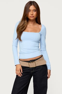 Lovie Fitted Square Neck Long Sleeve Top - Polyester Spandex
