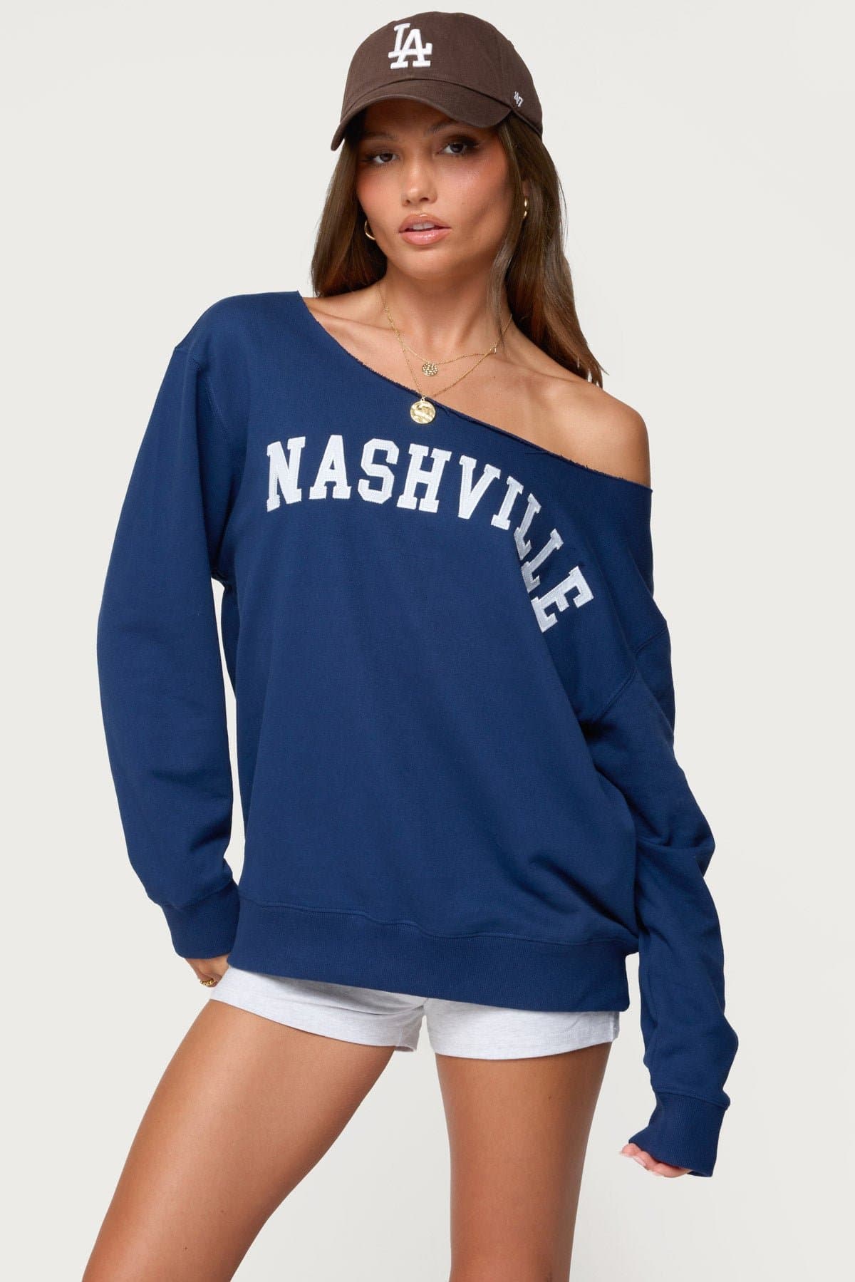 Nashville Oversized Wide Neck Sweatshirt - Polyester Cotton Graphic Text