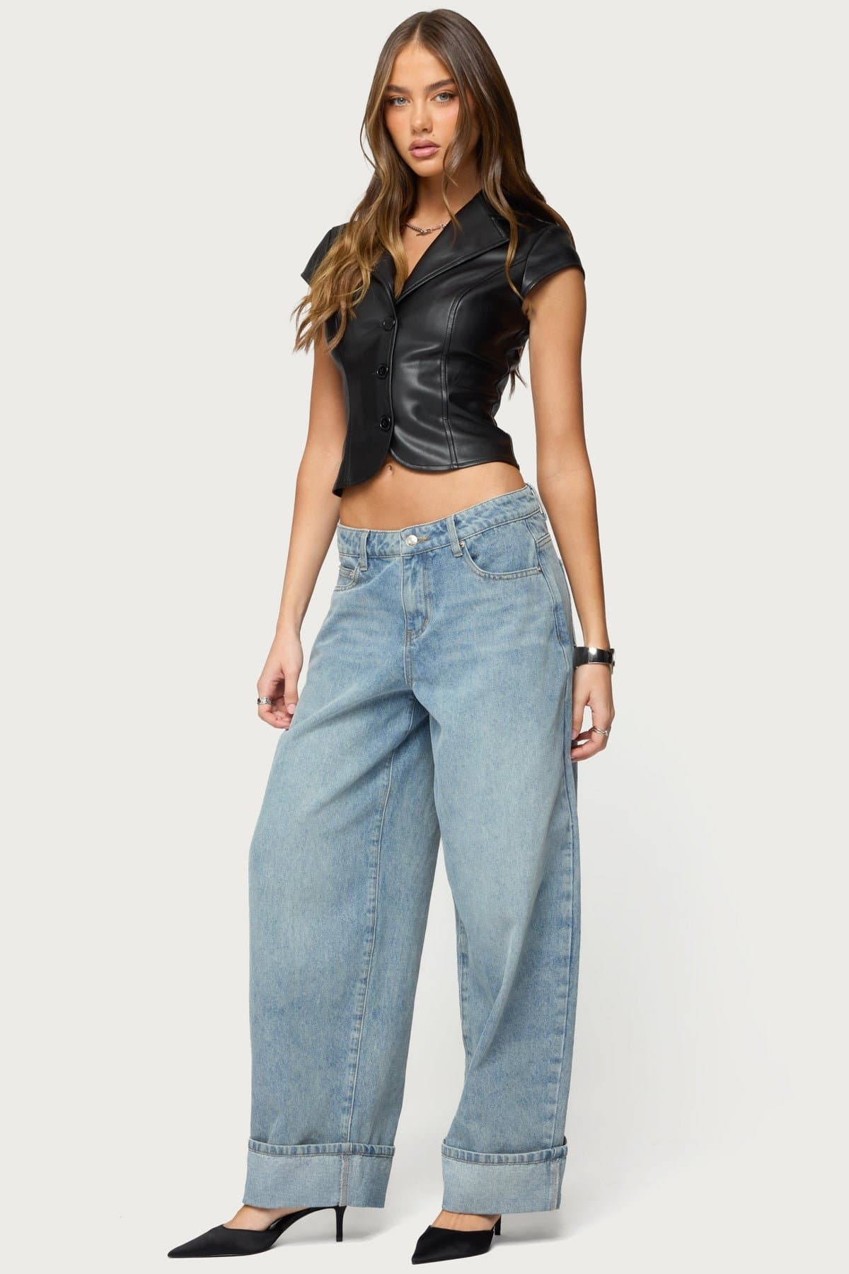 Faux Leather Tailored Button Up Top with Classic Collar