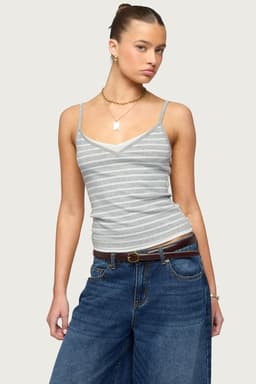 Layered Contrast Striped Tank Top with Adjustable Straps V-Neck Polyester Spandex