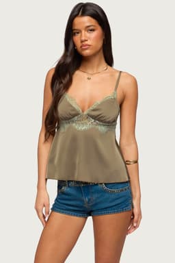 Satin Effect Lacey Babydoll Top with Adjustable Straps and Lace Detailing