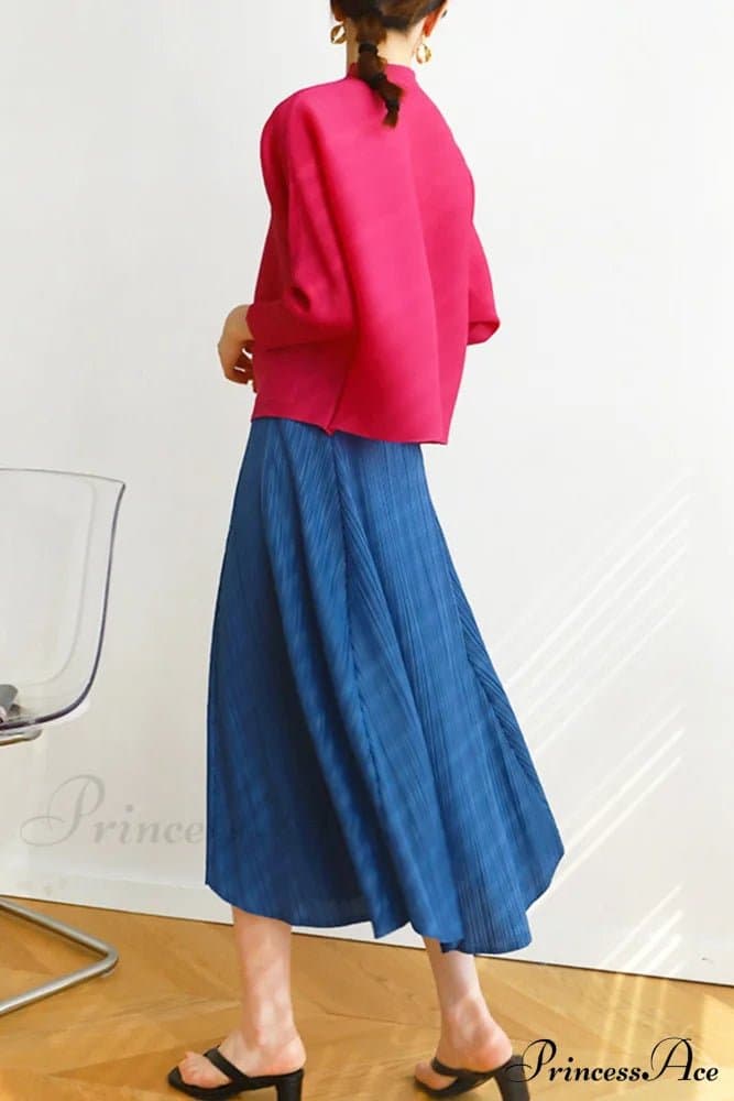 Pleated High Waist Skirt Solid Color Double Layer Polyester