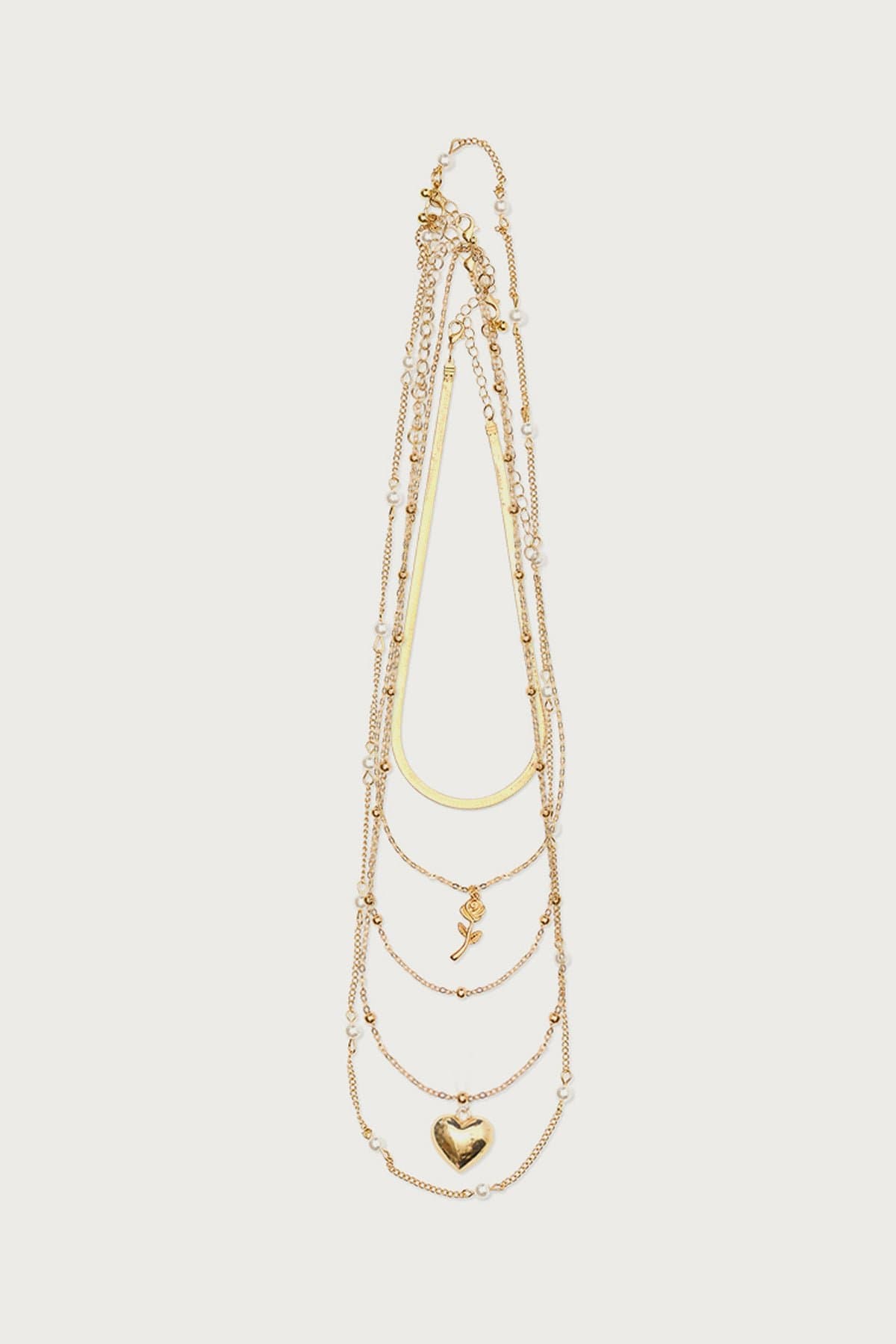 Major Love Heart Layered Necklace with Pearl Bead Detailing Gold Tone 14.6-24.4"