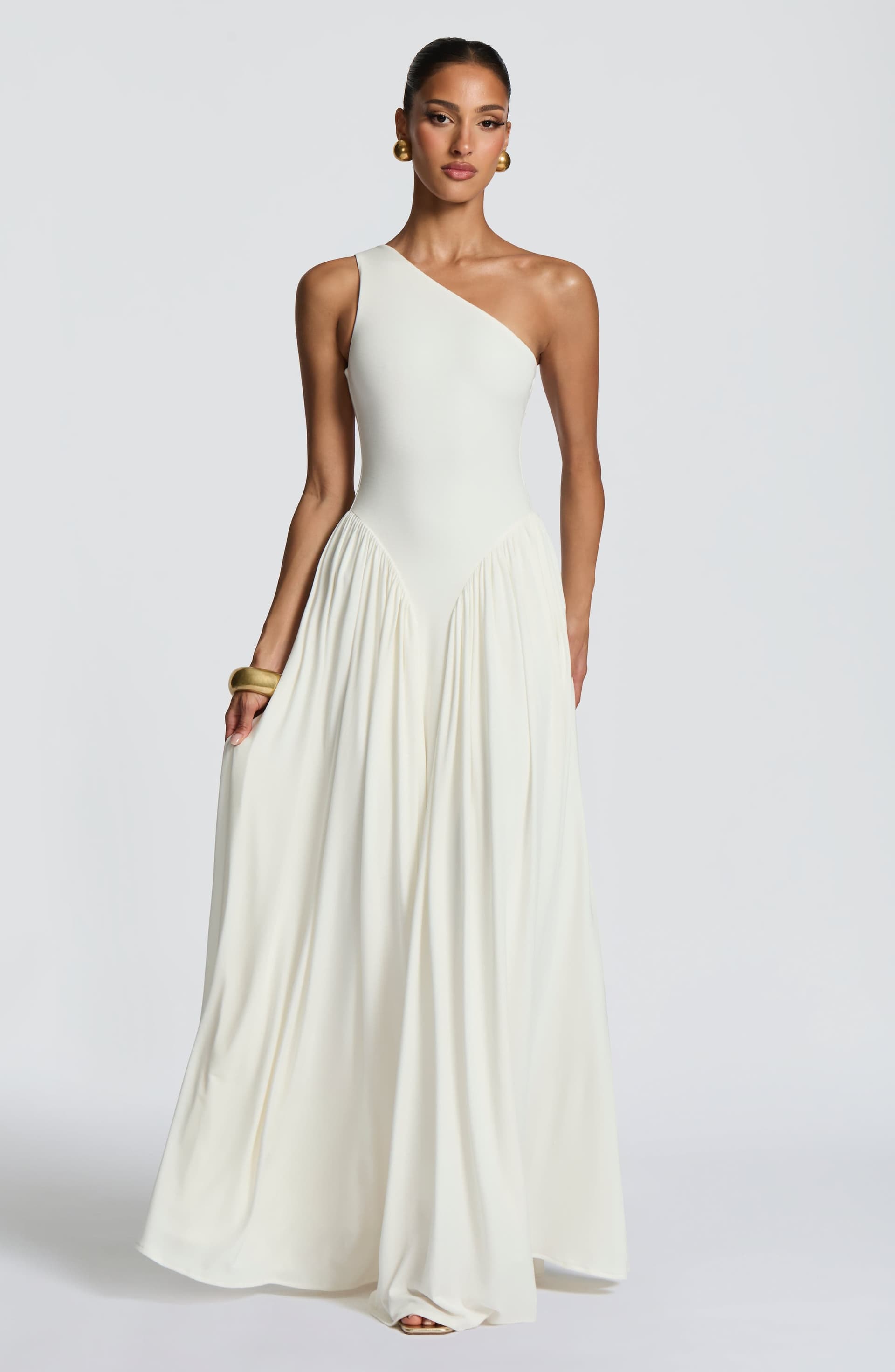 Vespera Maxi Dress in Ivory - One Shoulder Modal Jersey with Godet Panels